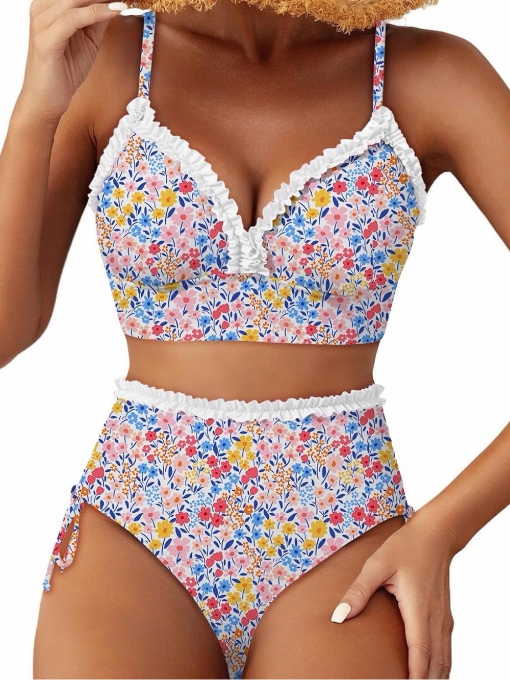 Floral Ruffle Trim High-Waist Bikini Set - White Multi Color